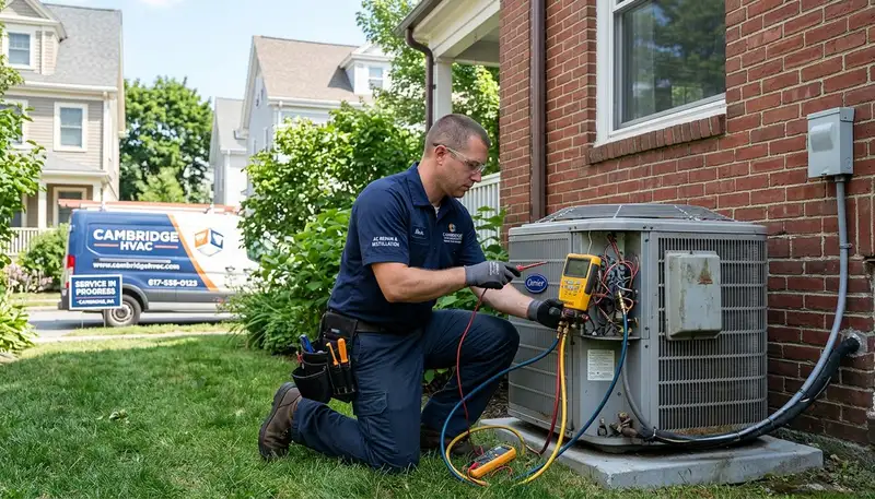 Professional AC repair service technician working in Boston MA home