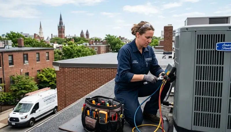 Professional AC repair technician servicing air conditioner unit in Boston MA home