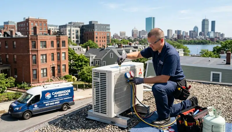Professional AC repair technician servicing air conditioner unit in Boston MA home