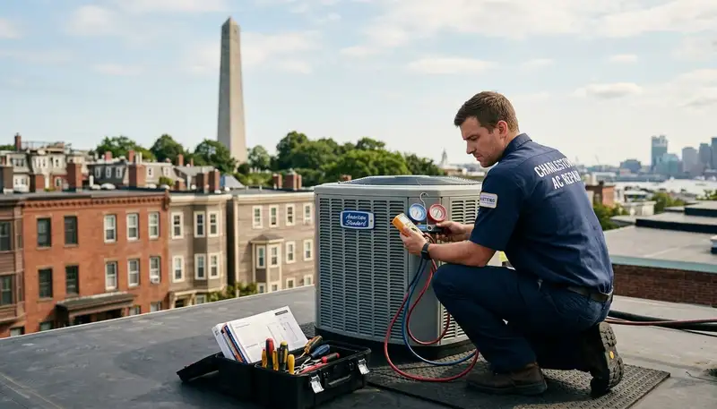 Professional AC repair technician servicing air conditioner in Boston MA home
