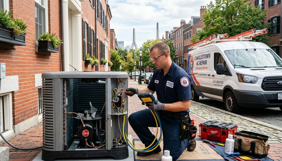 Professional AC repair technician servicing air conditioner unit in Boston MA home