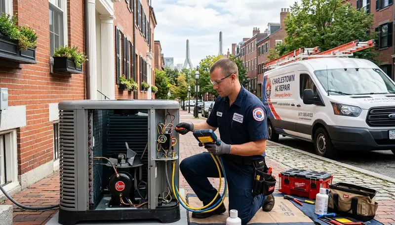 Professional AC repair technician servicing air conditioner unit in Boston MA home