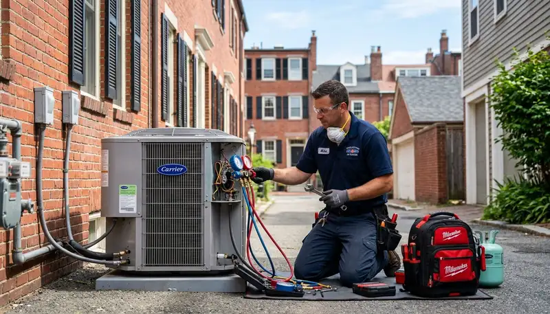 Professional AC repair technician servicing air conditioner unit in Boston MA