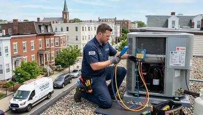 Professional AC repair technician servicing air conditioner in Boston MA home