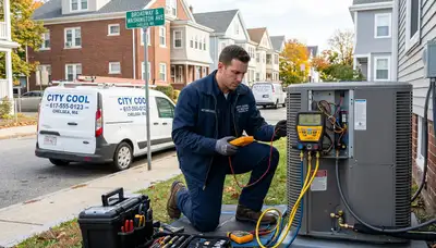 Professional AC repair technician servicing air conditioner unit in Boston MA home