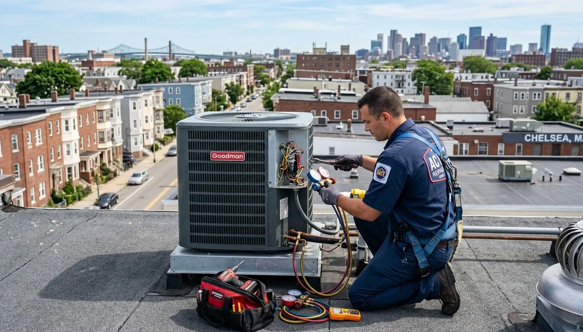 Professional AC repair technician servicing air conditioner unit in Boston MA home