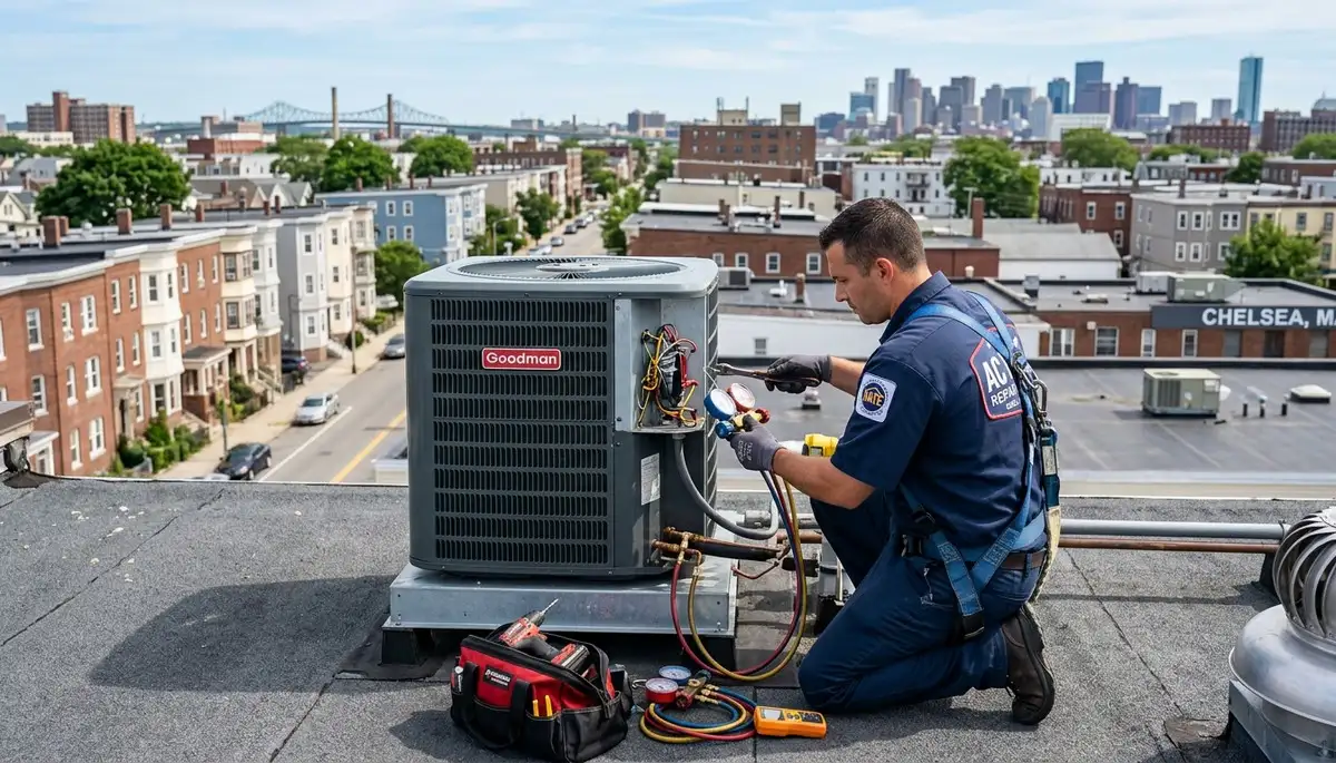 Professional AC repair technician servicing air conditioner unit in Boston MA home