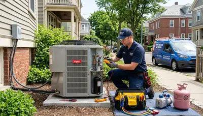 Professional AC repair technician servicing air conditioner unit in Boston MA home