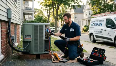 Professional AC repair technician servicing air conditioner unit in Boston MA home