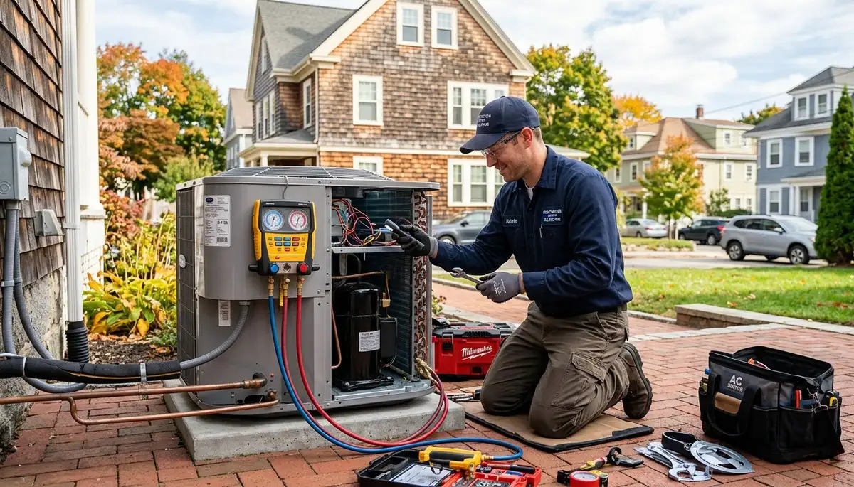 Professional AC repair technician servicing air conditioner unit in Boston MA