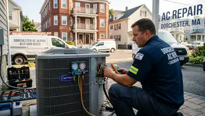 Professional AC repair technician servicing air conditioner unit in Boston MA home