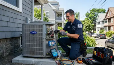 Professional AC repair technician servicing air conditioner unit in Boston MA home