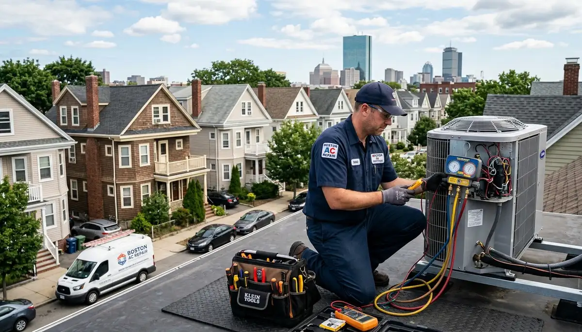 Professional AC repair service technician in Boston MA fixing residential air conditioning unit