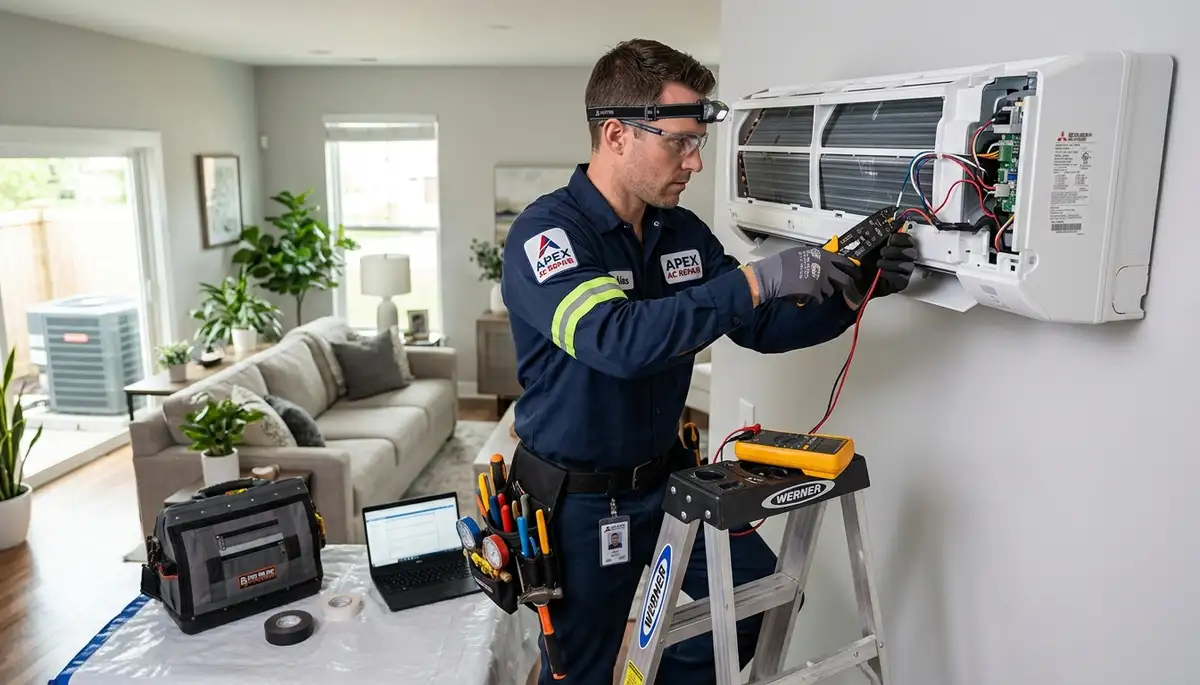 Technician repairing residential air conditioner unit in Boston MA for Five Star Cooling service