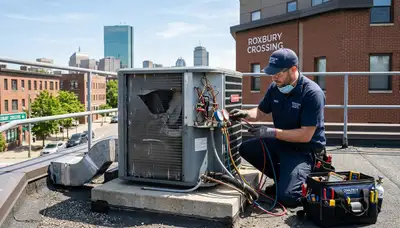 Professional AC repair technician servicing air conditioner in Boston MA home