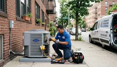 Professional AC repair service technician working in Boston MA home