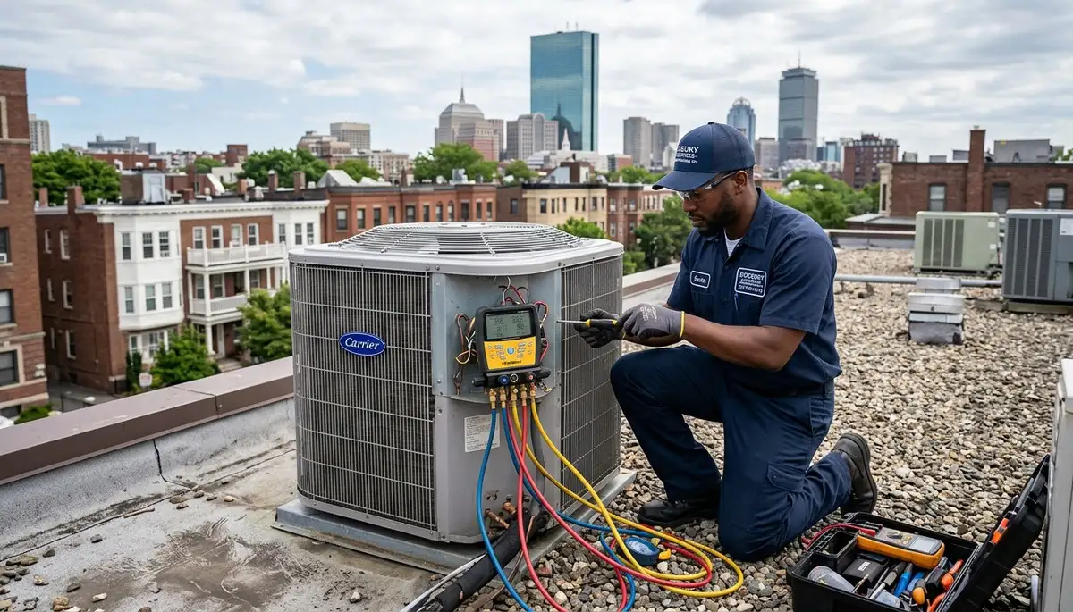 Professional AC repair technician servicing air conditioner unit in Boston MA home