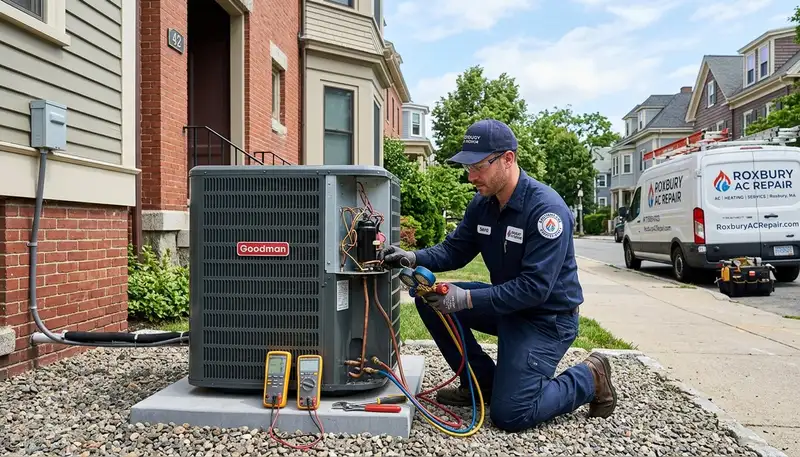 Professional AC repair technician servicing air conditioner unit in Boston MA