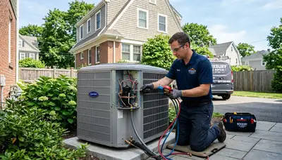 Professional AC repair technician servicing air conditioner unit in Boston MA home