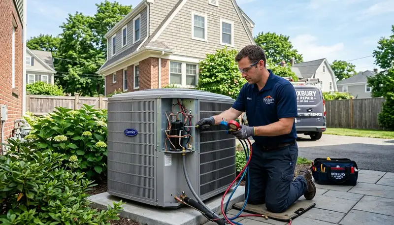 Professional AC repair technician servicing air conditioner unit in Boston MA home