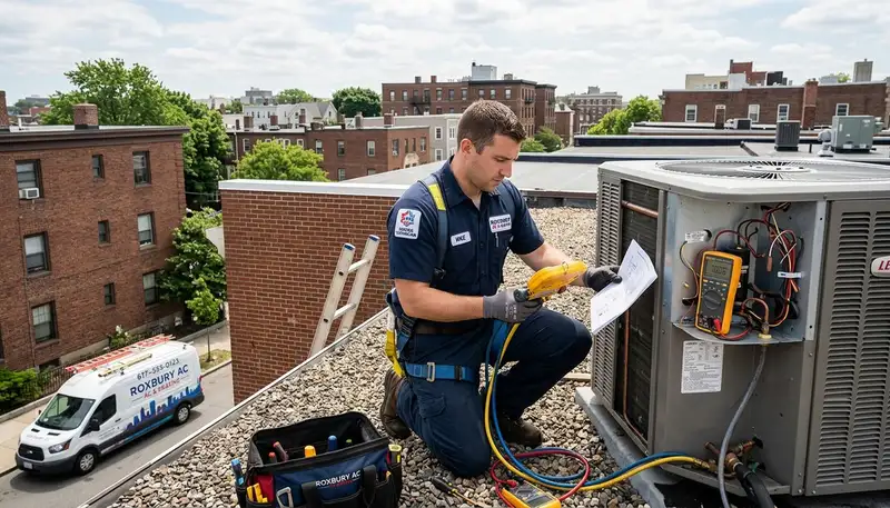 Professional AC repair technician servicing air conditioner in Boston MA home