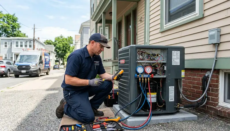 Professional AC repair technician servicing air conditioner unit in Boston MA home