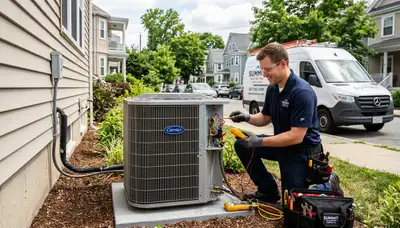 Professional AC repair service technicians working in Boston MA home