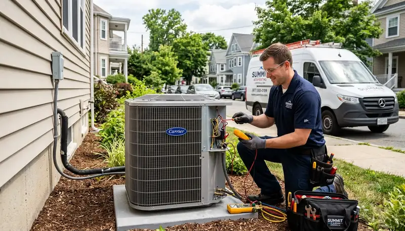 Professional AC repair service technicians working in Boston MA home