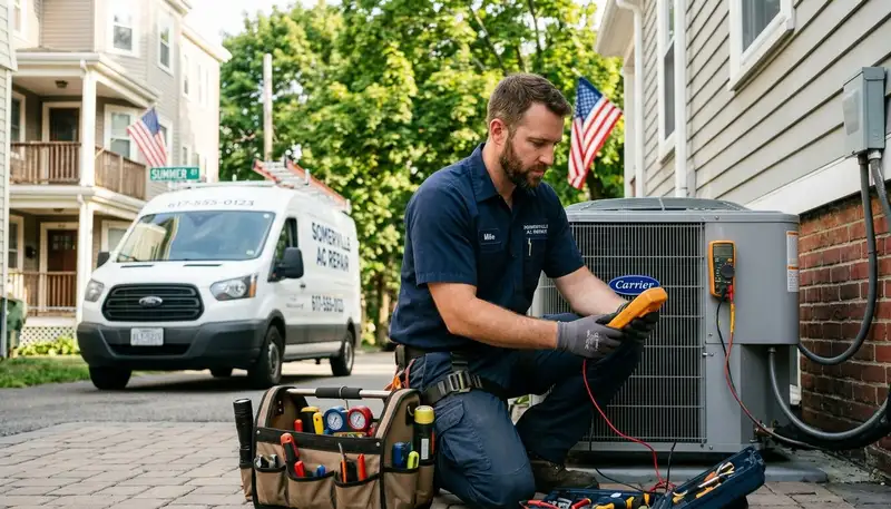 Professional AC repair technician servicing air conditioner unit in Boston MA home
