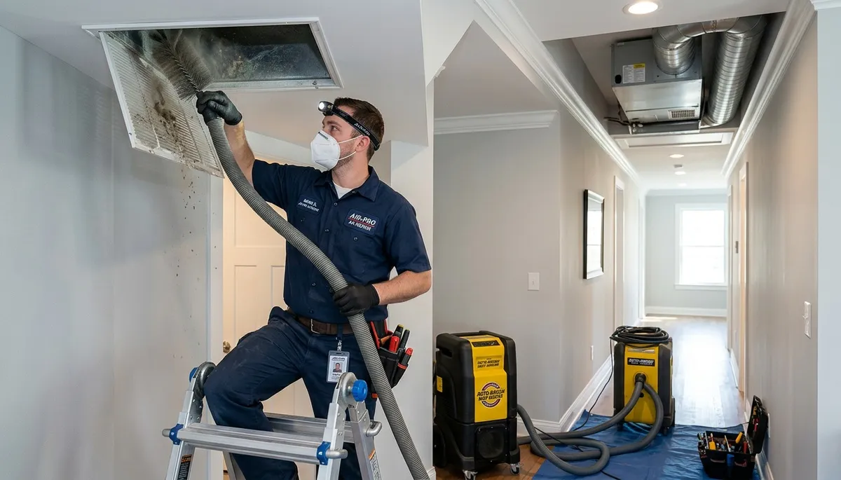 Technician cleaning air ducts for HVAC system in Boston MA home by Five Star Cooling
