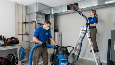 Technician cleaning air ducts for HVAC system in Boston MA home | Five Star Cooling