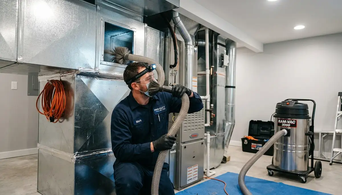 Technician cleaning air ducts for HVAC system in Boston MA home | Five Star Cooling air quality service