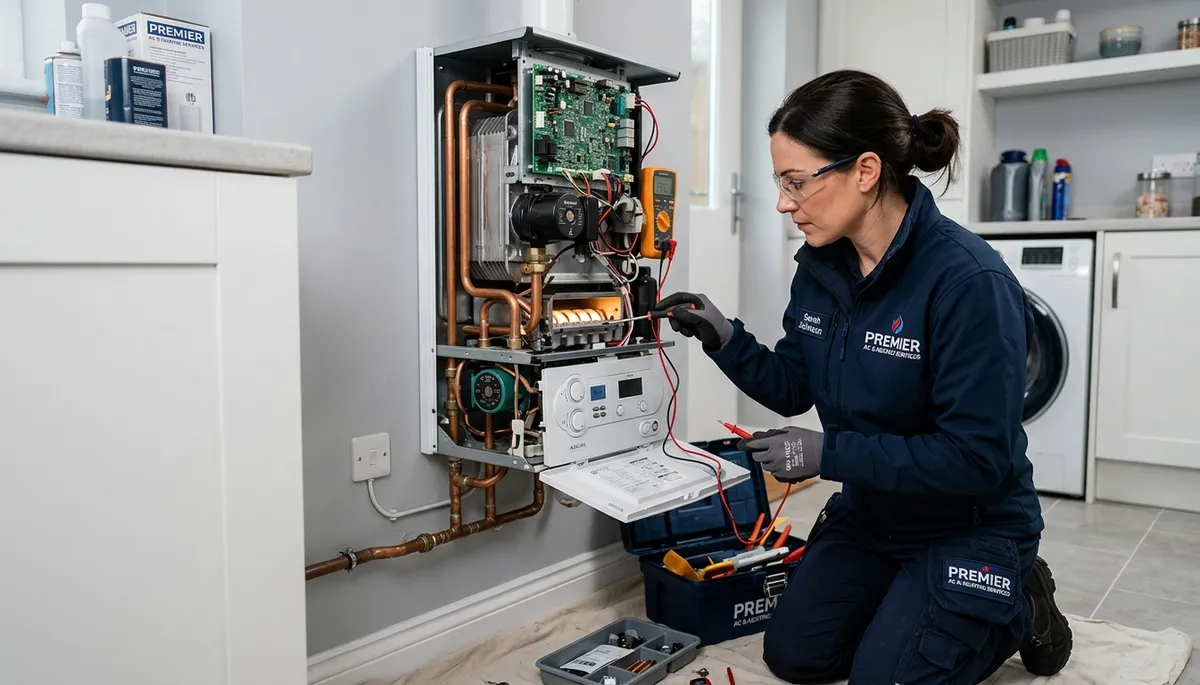 Technician performing boiler repair service in Boston MA home for Five Star Cooling