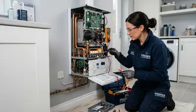 Technician performing boiler repair service in Boston MA home for Five Star Cooling