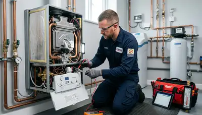 Technician performing boiler repair service in Boston MA home for Five Star Cooling