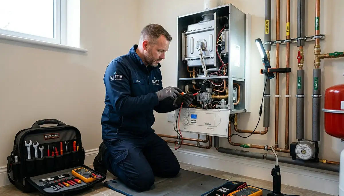 Technician performing boiler repair service in Boston MA home for Five Star Cooling