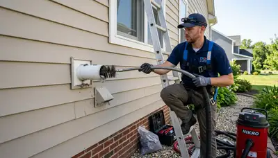 Technician cleaning dryer vent in Boston MA home for Five Star Cooling efficiency service