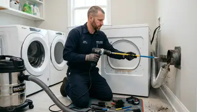 Technician performing professional dryer vent cleaning service in Boston MA for Five Star Cooling