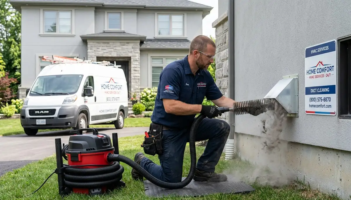 Technician cleaning dryer vent for improved airflow and safety in Boston, MA home