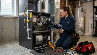 Technician performing furnace repair in Boston MA home for Five Star Cooling heating service