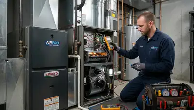 Technician fixing home furnace heater during winter in Boston MA for Five Star Cooling repair service