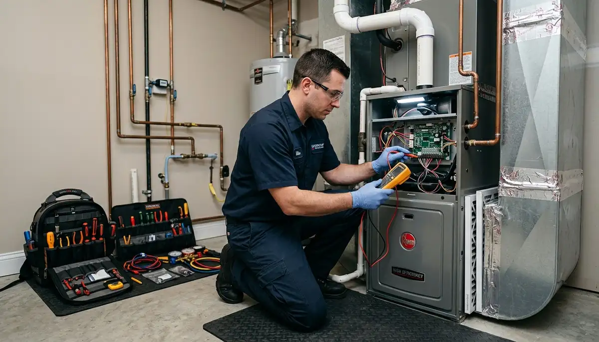 Technician performing furnace repair service in Boston MA home for Five Star Cooling