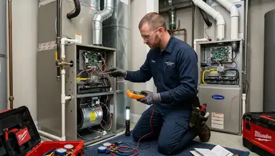 Technician performing heating repair on furnace unit in Boston, MA home for Five Star Cooling