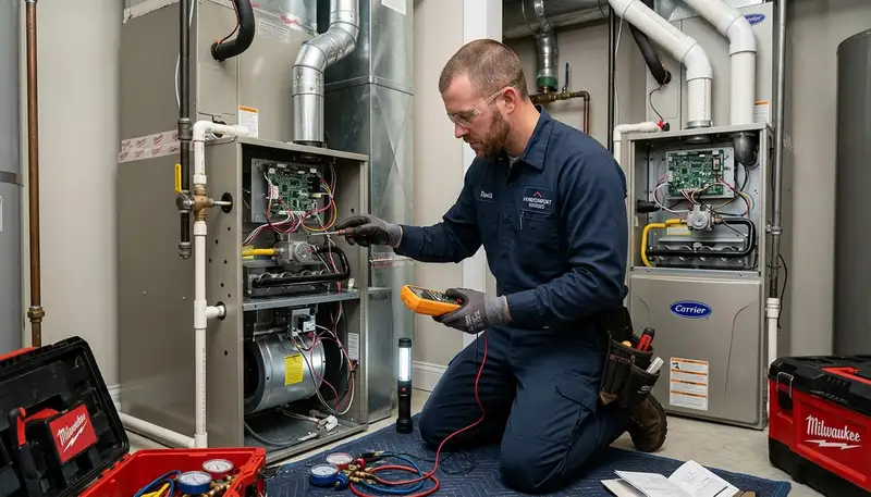 Technician performing heating repair on furnace unit in Boston, MA home for Five Star Cooling