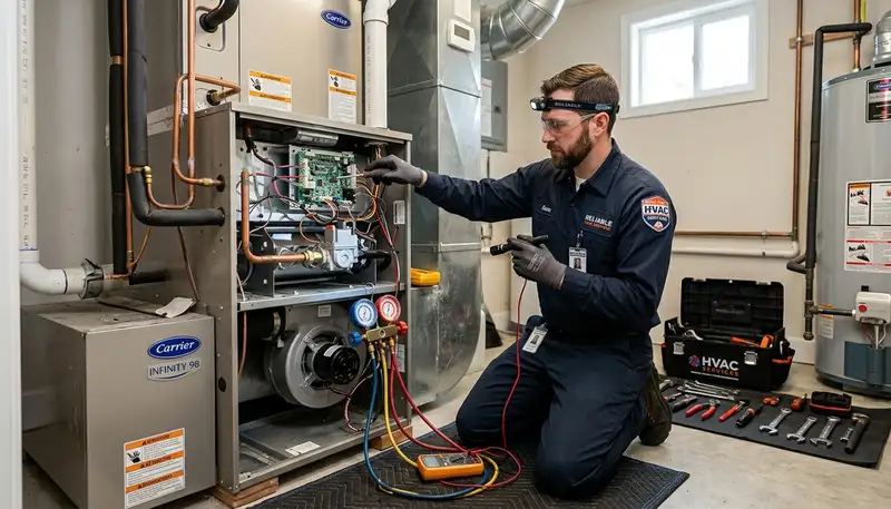 Technician performing heating repair on furnace in Boston MA home by Five Star Cooling