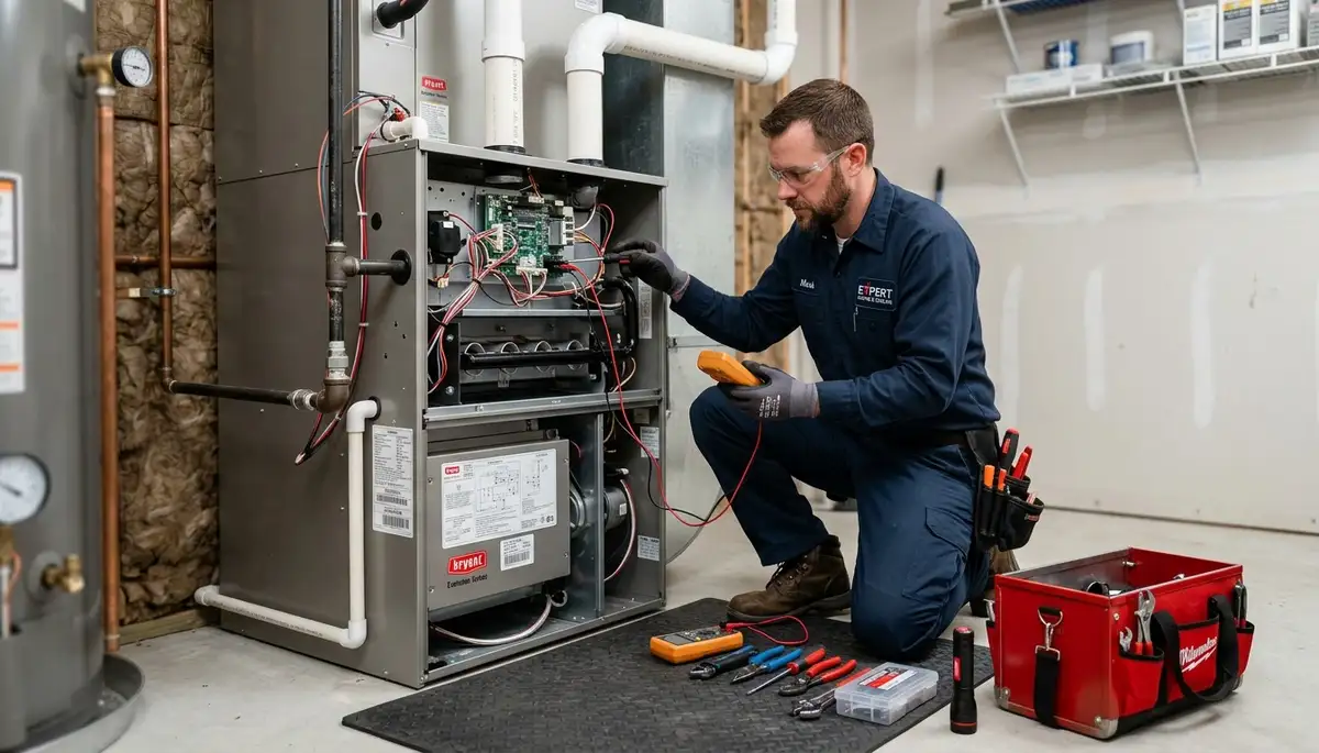 Technician performing heating and furnace repair in Boston MA home for Five Star Cooling