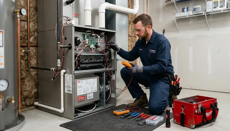 Technician performing heating and furnace repair in Boston MA home for Five Star Cooling