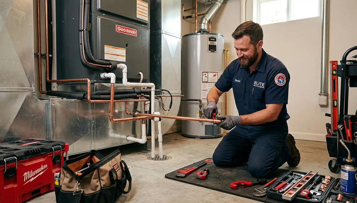 Professional plumber repairing pipes in Boston MA home | Five Star Cooling plumbing services