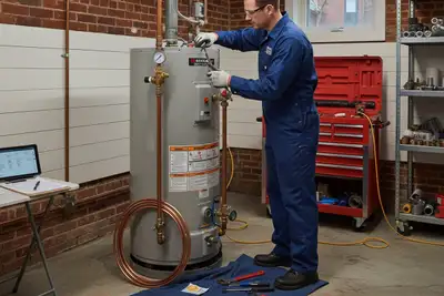 Technician performing water heater repair at Boston MA home for Five Star Cooling AC service