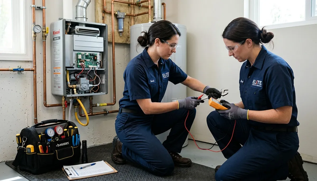 Technician repairing residential water heater in Boston MA for Five Star Cooling service page